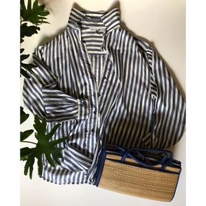 Vtg Jonathan Martin Slk Navy And Cream Striped Top